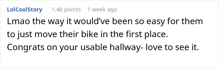 Guy Sick Of Lady's Bike Blocking Hall, Gets It Removed By Property Management As She Won't Listen Guy Sick Of Lady's Bike Blocking Hall, Gets It Removed By Property Management As She Won't Listen