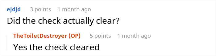 Reddit comments discussing if the homeowner's check cleared regarding $4K debt to neighbor. Reddit comments discussing if the homeowner's check cleared regarding $4K debt to neighbor.