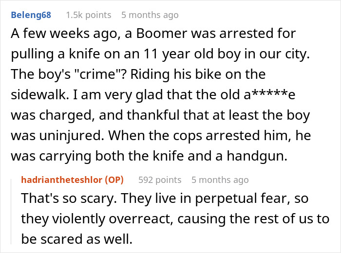 Text exchanges about a Boomer arrested for pulling a knife on an 11-year-old boy riding a bike on the sidewalk. Text exchanges about a Boomer arrested for pulling a knife on an 11-year-old boy riding a bike on the sidewalk.