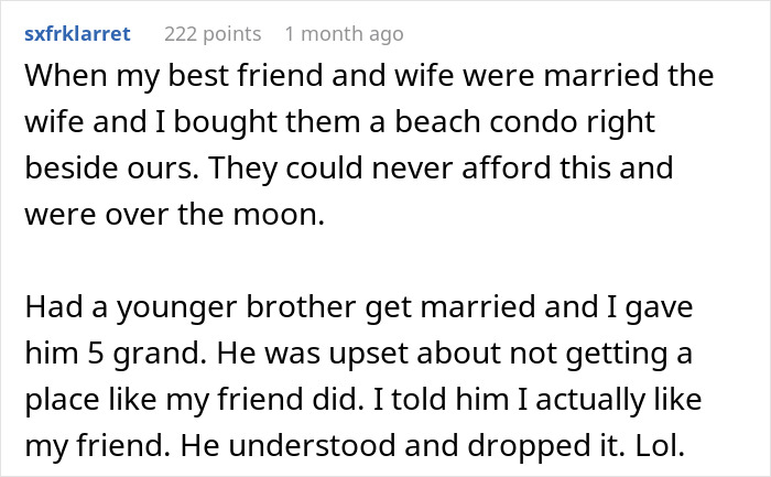Text exchange about perceived unfairness in wedding gifts, highlighting entitled behavior and relationship dynamics. Text exchange about perceived unfairness in wedding gifts, highlighting entitled behavior and relationship dynamics.