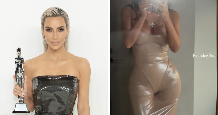 Kim Kardashian Poses In A Daring Latex Bodysuit And See-Through Skirt For Her 44th Birthday