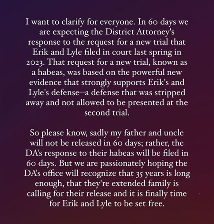 Erik Menendez’s Stepdaughter Shares Major Update On "New Evidence" And Potential Release Erik Menendez’s Stepdaughter Shares Major Update On "New Evidence" And Potential Release