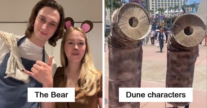 Two people dressed as The Bear and Dune characters showcasing popular Halloween costumes predicted this year.