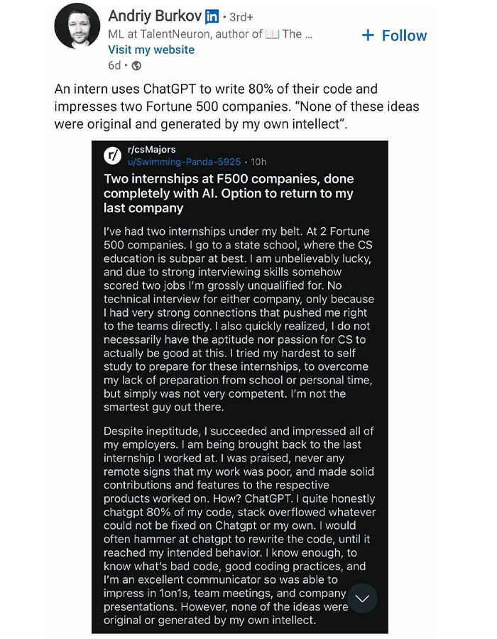 "Grossly Unqualified" Intern Generates 80% Of Work With ChatGPT, Lands Two Fortune 500 Gigs "Grossly Unqualified" Intern Generates 80% Of Work With ChatGPT, Lands Two Fortune 500 Gigs