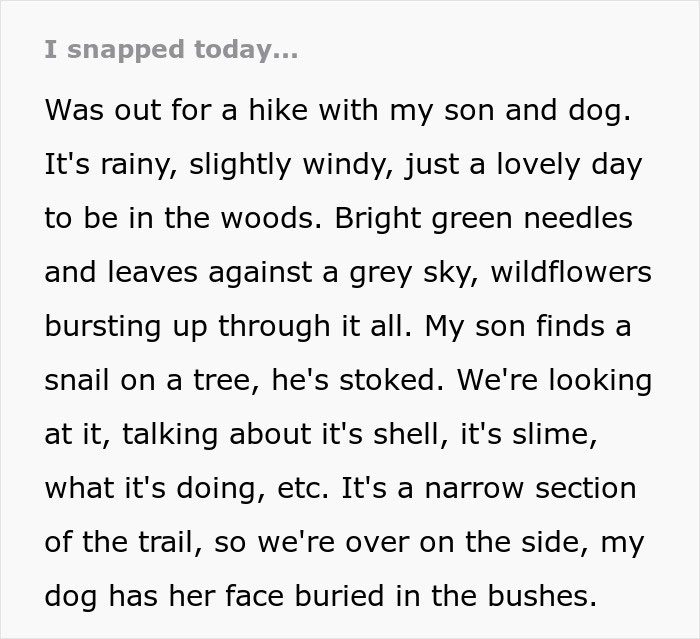 Text about a father hiking with his son and dog. The boy finds a snail and is excited while exploring the woods. Text about a father hiking with his son and dog. The boy finds a snail and is excited while exploring the woods.