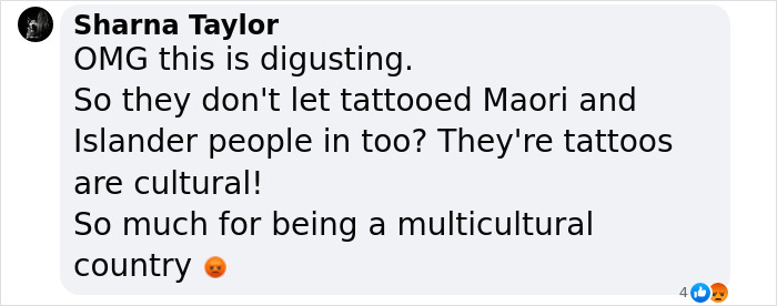 Comment expressing outrage over face tattoo discrimination in a multicultural context. Comment expressing outrage over face tattoo discrimination in a multicultural context.
