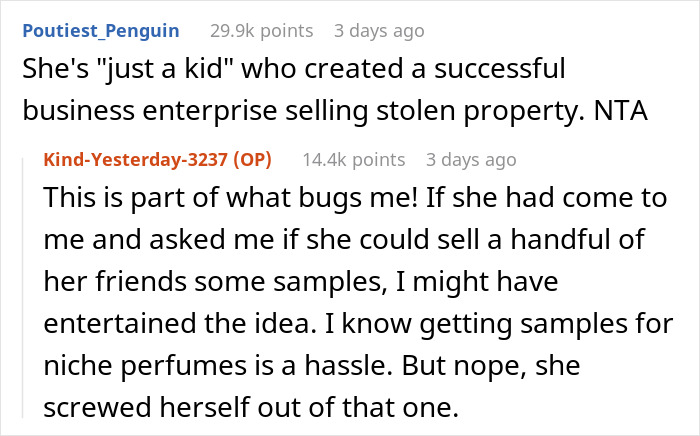 A Reddit thread where users criticize a teenager for selling stolen perfumes, with one commenter expressing frustration that she didn't ask first. A Reddit thread where users criticize a teenager for selling stolen perfumes, with one commenter expressing frustration that she didn't ask first.