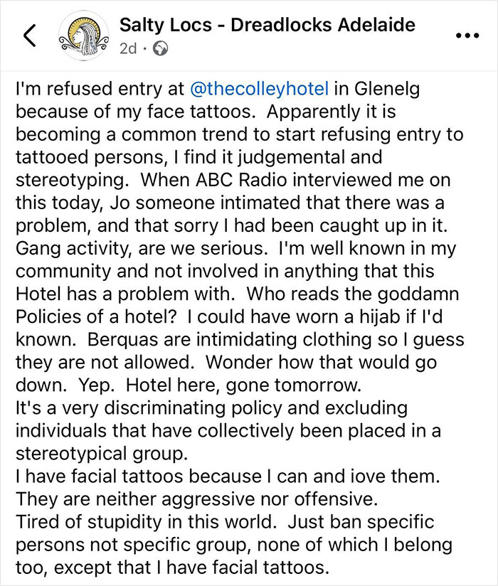 Salty Locs post detailing being refused entry to The Colley Hotel over her face tattoos and the discrimination faced. Salty Locs post detailing being refused entry to The Colley Hotel over her face tattoos and the discrimination faced.