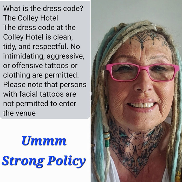 Woman with face tattoos stands beside text detailing a dress code policy. Woman with face tattoos stands beside text detailing a dress code policy.