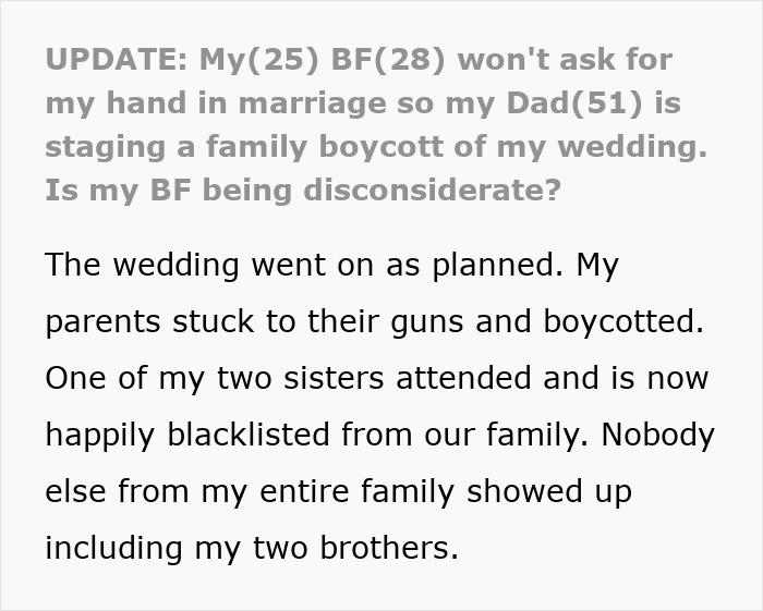 Old-School Parents Skip Daughter's Wedding Over Silly Tradition, She Bans Them From Seeing Her Child Old-School Parents Skip Daughter's Wedding Over Silly Tradition, She Bans Them From Seeing Her Child