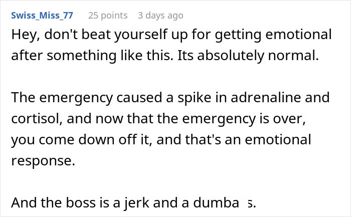 Text exchange discussing emotions after an emergency situation and criticizing a boss's behavior. Text exchange discussing emotions after an emergency situation and criticizing a boss's behavior.