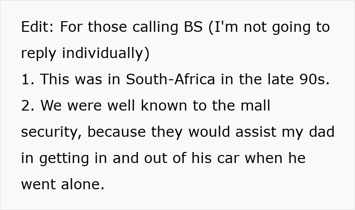 Text detailing a South Africa incident involving mall security assisting someone's father with parking. Text detailing a South Africa incident involving mall security assisting someone's father with parking.