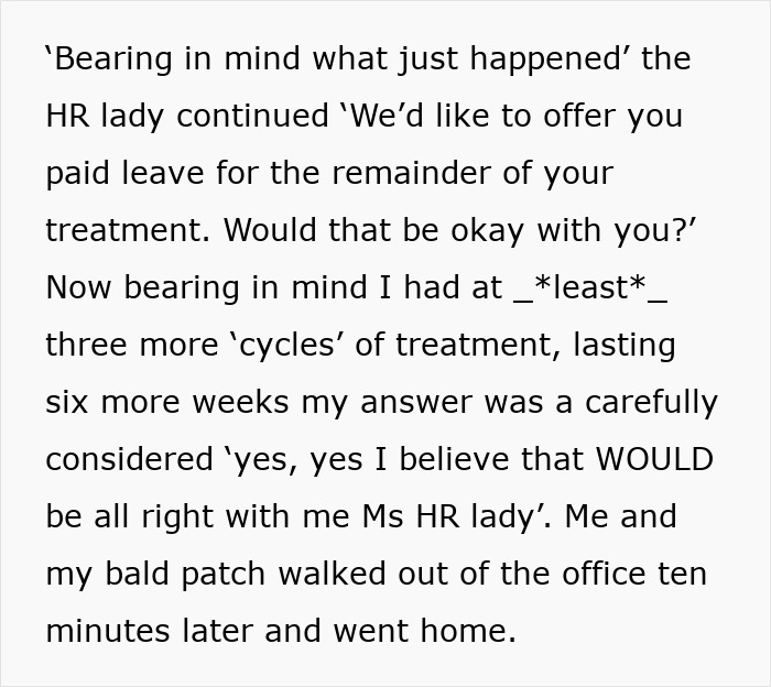 Employee discussing paid leave with HR during chemotherapy treatment. Employee discussing paid leave with HR during chemotherapy treatment.