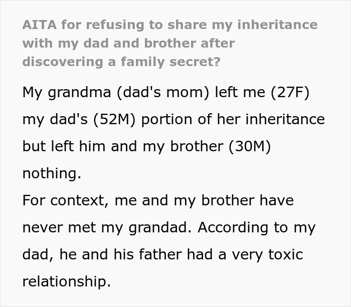 Text about a grandmother revealing a family secret, resulting in her son receiving no inheritance. Text about a grandmother revealing a family secret, resulting in her son receiving no inheritance.