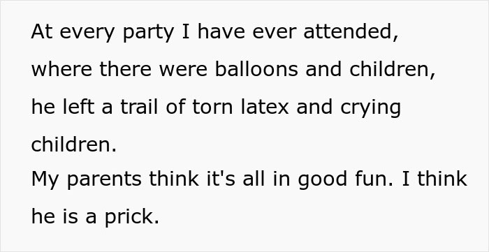 Text describing a prank involving torn latex balloons and upset children at parties. Text describing a prank involving torn latex balloons and upset children at parties.