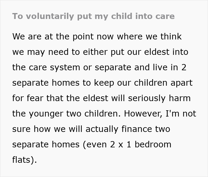 Text discussing the care options for an autistic child's aggression affecting siblings. Text discussing the care options for an autistic child's aggression affecting siblings.