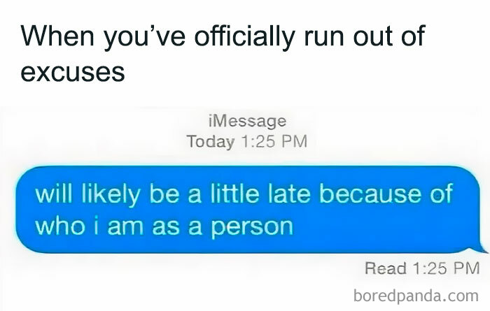 Text message screenshot humorously depicting a relatable interaction avoidance excuse.