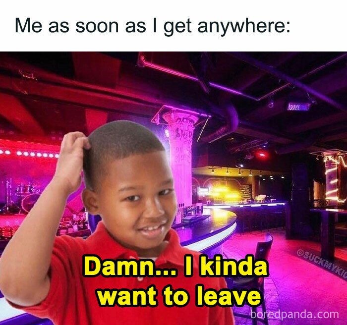 Child in a bar with a caption about wanting to leave, highlighting relatable introvert humor.