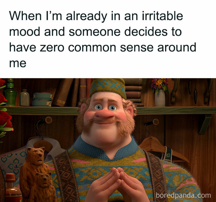 Animated character with a humorous expression, set against a cozy room background, signifies relatable interactions fatigue.