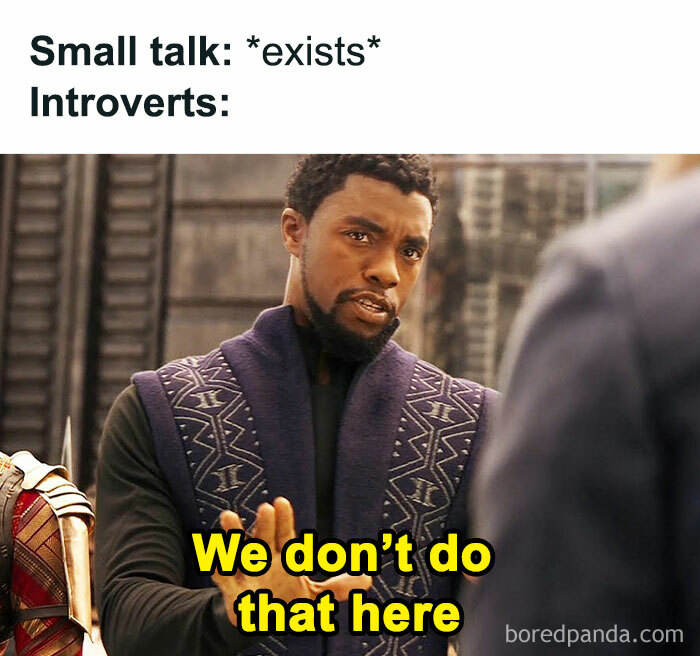 Introvert meme about avoiding small talk, featuring a character saying, "We don't do that here."