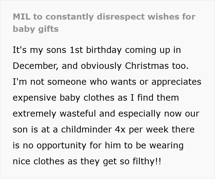 Lady Looks Gift Horse In The Mouth After MIL Gifts Grandchild Clothes, Not Toys, Netizens Slam Her Lady Looks Gift Horse In The Mouth After MIL Gifts Grandchild Clothes, Not Toys, Netizens Slam Her