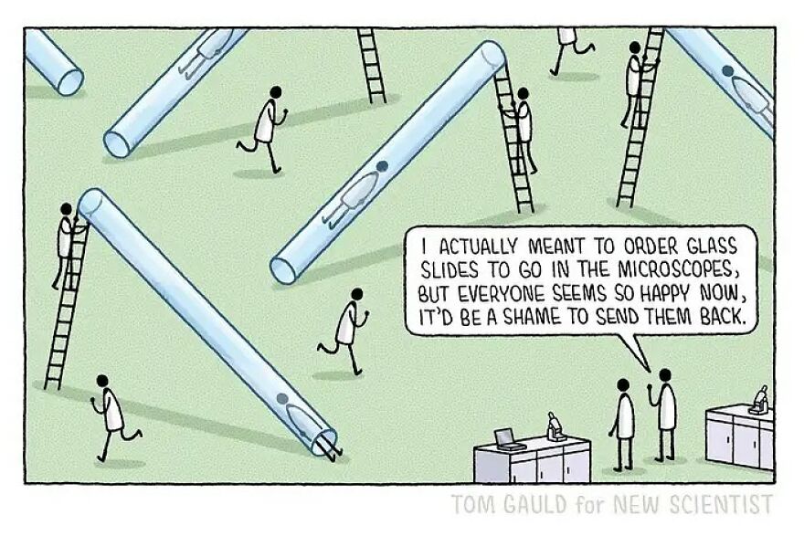 Comic by Tom Gauld featuring humor about oversized test tubes and scientists discussing a mix-up.