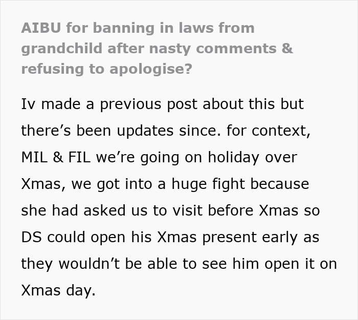 Text about banning in-laws from grandchild due to rude comments and lack of apology, discussing holiday conflict. Text about banning in-laws from grandchild due to rude comments and lack of apology, discussing holiday conflict.
