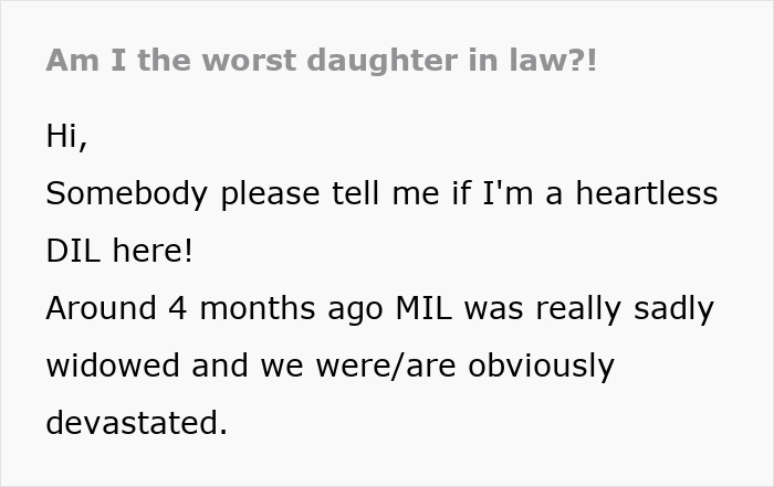 Text excerpt discussing a grieving MIL expecting care from her son and daughter-in-law, causing them both annoyance. Text excerpt discussing a grieving MIL expecting care from her son and daughter-in-law, causing them both annoyance.
