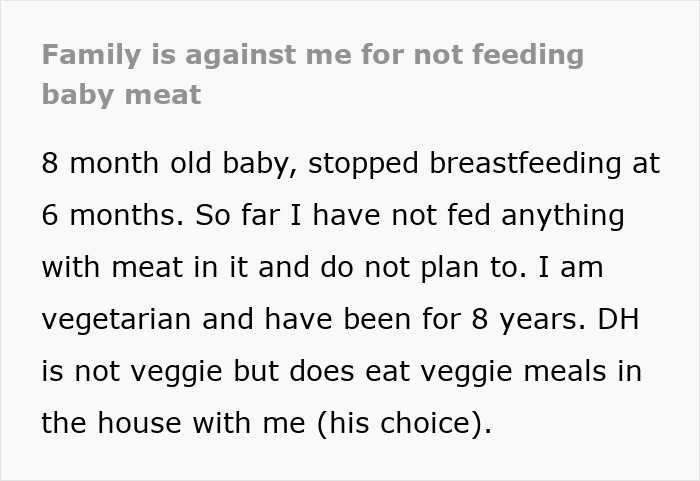 Text about a vegetarian mom's concern over family feeding her baby meat against her wishes. Text about a vegetarian mom's concern over family feeding her baby meat against her wishes.