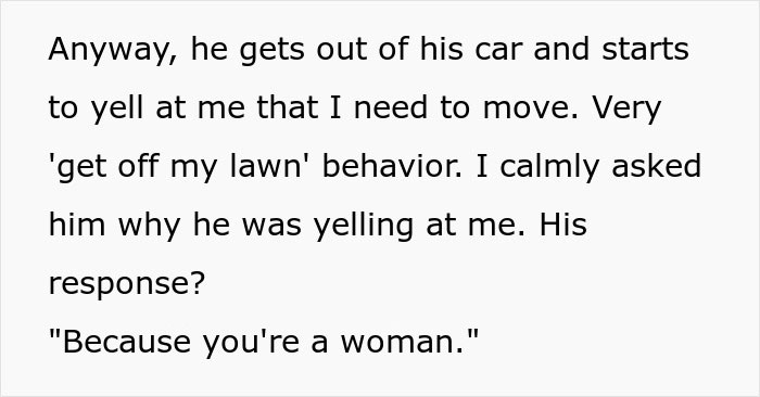 Text excerpt showing sexist behavior: "Because you're a woman. Text excerpt showing sexist behavior: "Because you're a woman.