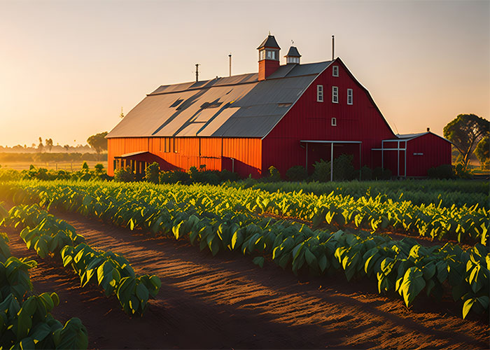 A picturesque farm with a red barn and lush green crops at sunrise, symbolizing a farmer's independence. A picturesque farm with a red barn and lush green crops at sunrise, symbolizing a farmer's independence.
