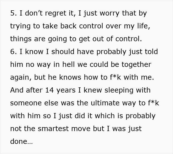Text expressing emotional complexity of a woman after hookup ending a long relationship. Text expressing emotional complexity of a woman after hookup ending a long relationship.