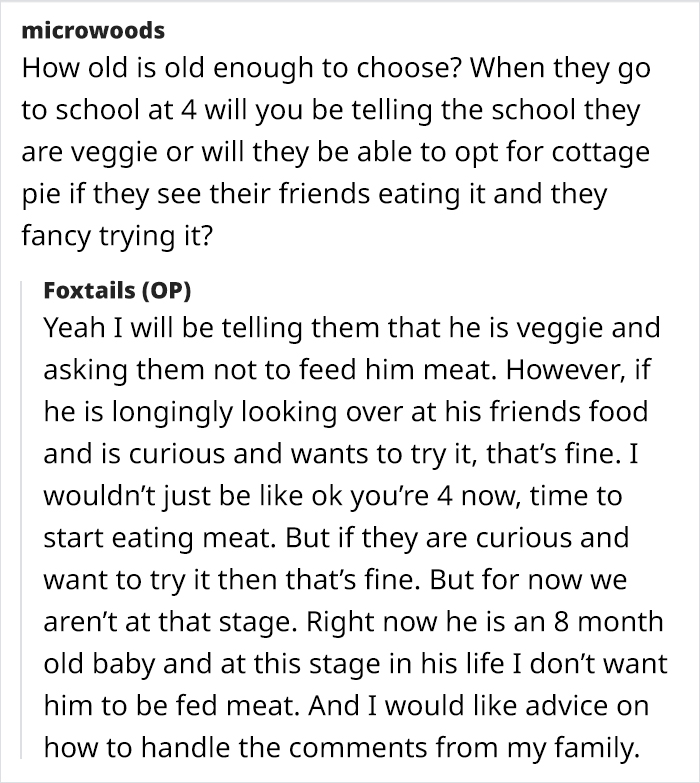 Text exchange discussing a vegetarian mom concerned about her family feeding her baby meat. Text exchange discussing a vegetarian mom concerned about her family feeding her baby meat.