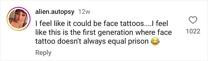 Social media comment discussing tattoo trends and perceptions among young people, mentioning face tattoos. Social media comment discussing tattoo trends and perceptions among young people, mentioning face tattoos.