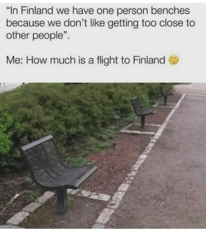 Benches spaced apart in Finland highlighting relatable introversion humor.