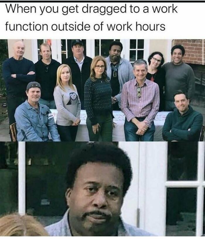 Group standing outside work function, relatable expression on one person's face.