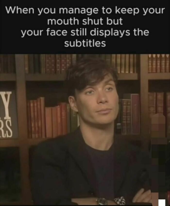 Man expressing relatable emotions, captioned with humor about nonverbal communication, for those done with interacting with others.