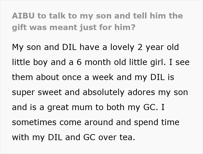 MIL Is Upset Her Son Shared His Gift With His Wife: "I Meant The Gift To Be Just For Him" MIL Is Upset Her Son Shared His Gift With His Wife: "I Meant The Gift To Be Just For Him"