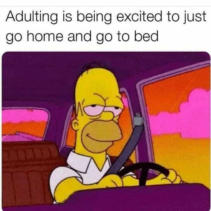 Cartoon character driving, looking tired, with text about adulting excitement to go home and sleep. Relatable posts theme.