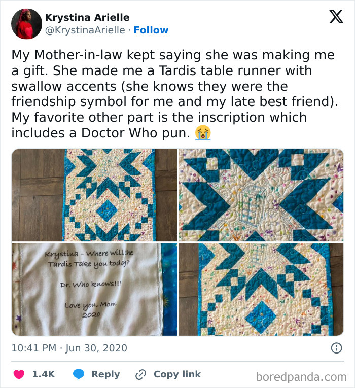 TARDIS table runner gift from amazing mother-in-law with Doctor Who pun and swallow accents.