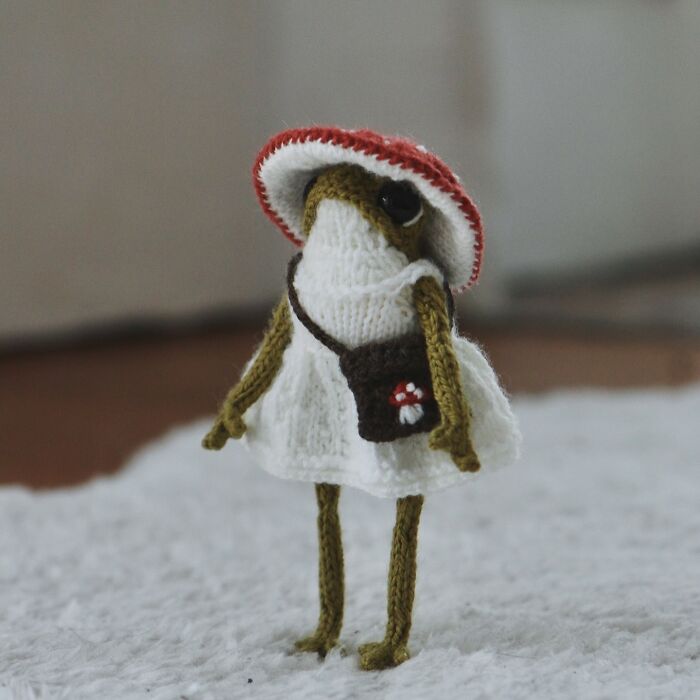 Cute miniature frog by a French knitter, wearing a dress and red hat.