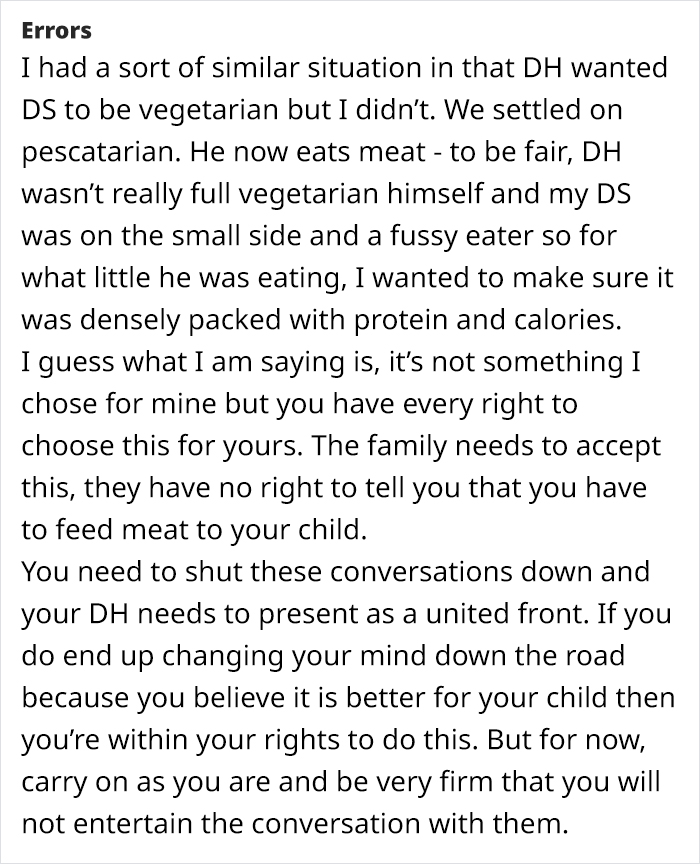 Text screenshot discussing a parent's experience with vegetarian choices for their child. Text screenshot discussing a parent's experience with vegetarian choices for their child.