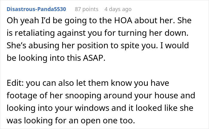 Text discussing HOA president's retaliation and position abuse. Text discussing HOA president's retaliation and position abuse.