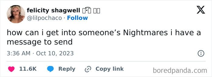 Instagram post with a funny meme and a touch of horror about getting into someone's nightmares.