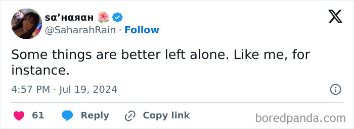 Tweet expressing the sentiment of being better off alone, reflecting on relatable feelings of social exhaustion.