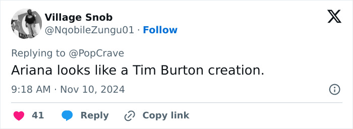 Tweet referencing Ariana Grande's appearance as a "Tim Burton creation. Tweet referencing Ariana Grande's appearance as a "Tim Burton creation.