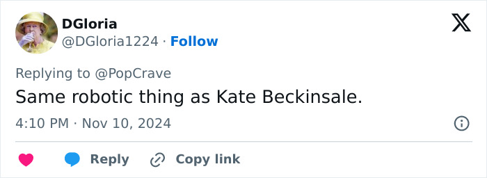 Tweet referencing a "robotic thing" comparison to Kate Beckinsale. Tweet referencing a "robotic thing" comparison to Kate Beckinsale.