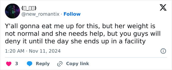 Social media post expressing concern over a celebrity's appearance after a premiere, discussing her weight and need for help. Social media post expressing concern over a celebrity's appearance after a premiere, discussing her weight and need for help.