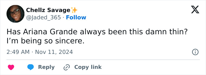 Tweet expressing concern about Ariana Grande's appearance and thinness at a movie premiere. Tweet expressing concern about Ariana Grande's appearance and thinness at a movie premiere.