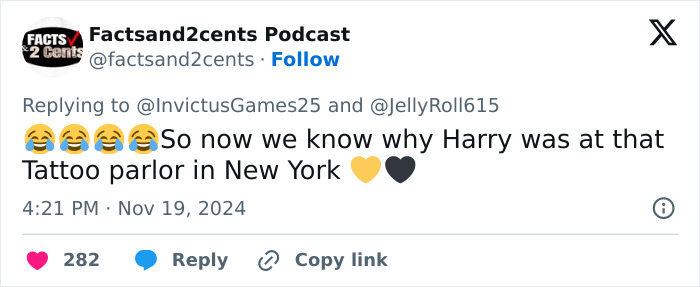 Tweet discussing Prince Harry's tattoo visit, with laughter and heart emojis. Tweet discussing Prince Harry's tattoo visit, with laughter and heart emojis.